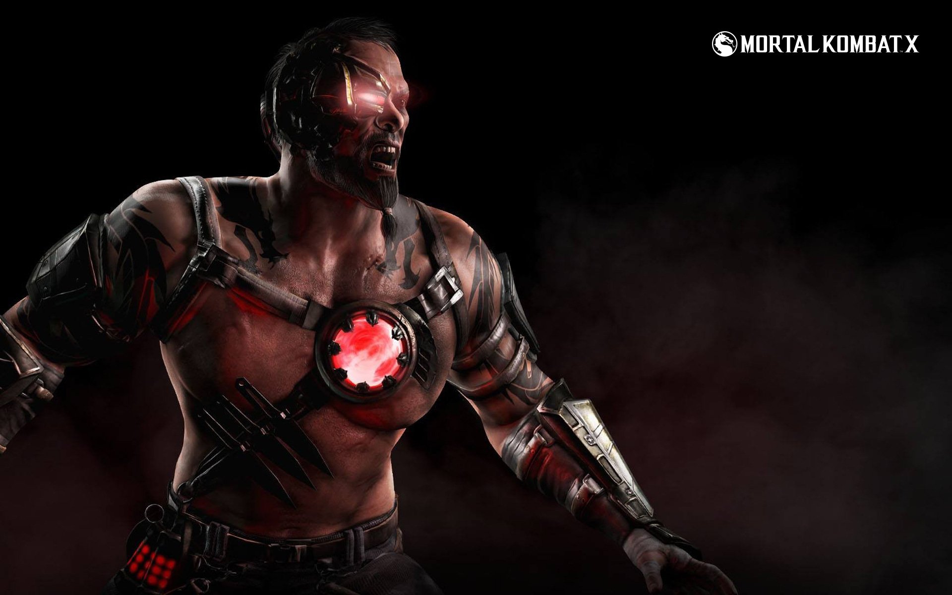 A striking HD wallpaper from Mortal Kombat X featuring a fierce character with a rugged appearance, set against a dynamic, dark background.