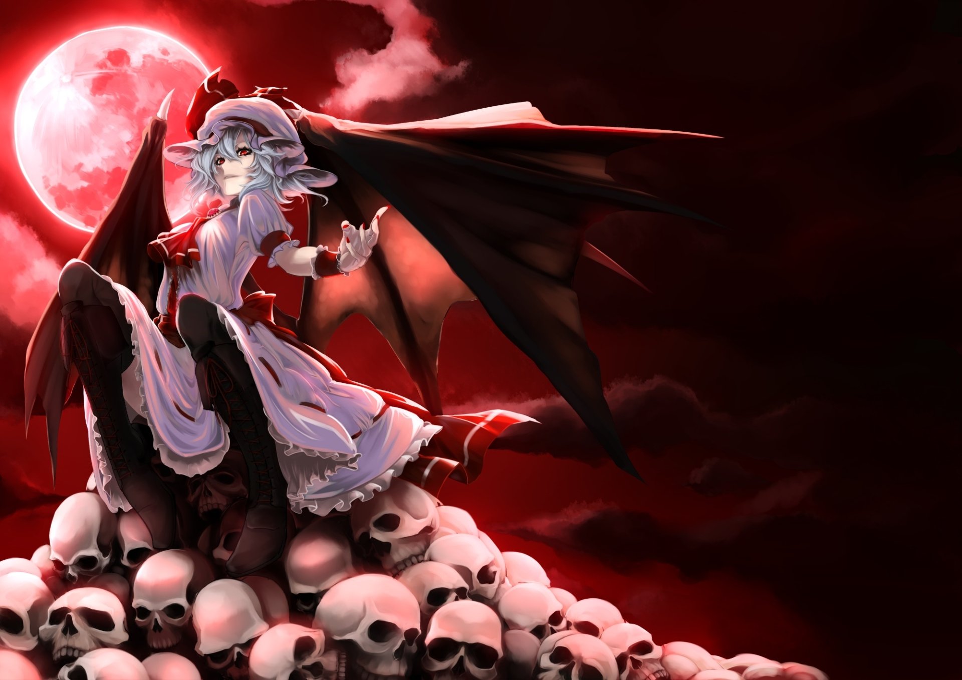 HD anime desktop wallpaper featuring Remilia Scarlet from Touhou, depicted with bat wings and a gothic dress, sitting atop a pile of skulls under a red moonlit sky.