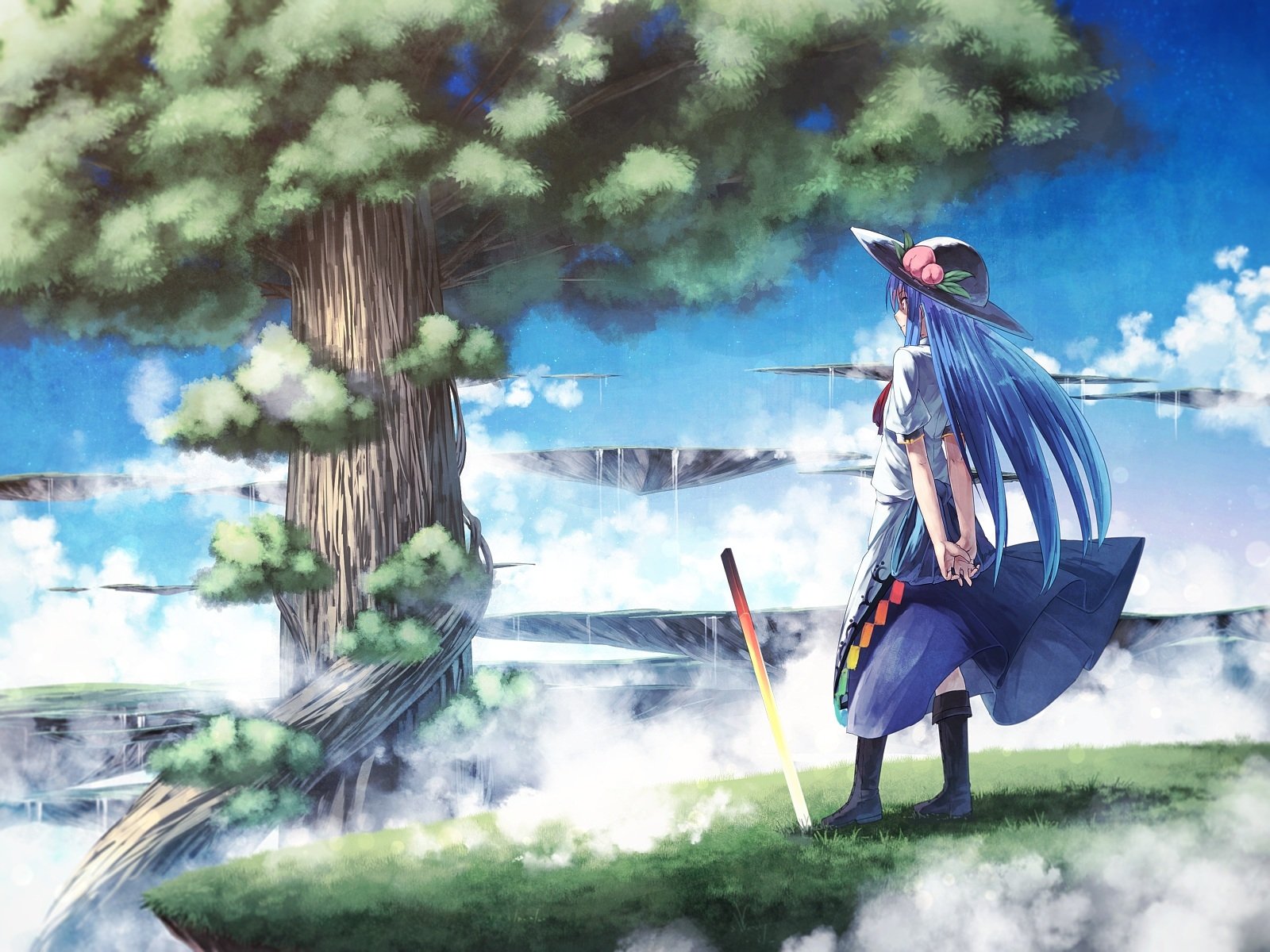 HD PC desktop wallpaper featuring Tenshi Hinanawi from the anime Touhou, standing by a large tree with a vibrant sky and floating islands in the background.