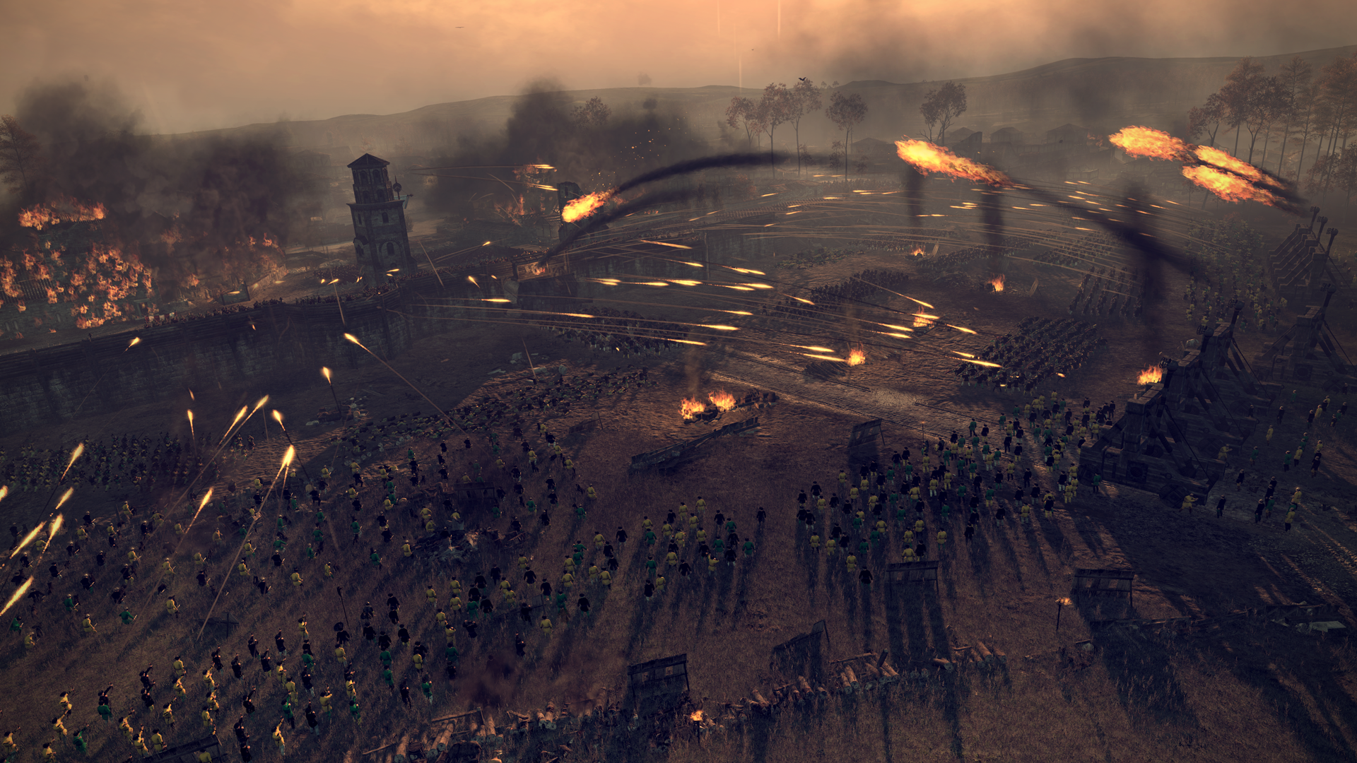 HD PC desktop wallpaper from the video game Total War: Attila, showing a large-scale battlefield with flaming projectiles and dark, smoky skies.