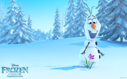 Olaf from Disney's Frozen stands happily in a snowy landscape, admiring a flower. This HD desktop wallpaper captures the charm of the beloved movie character.