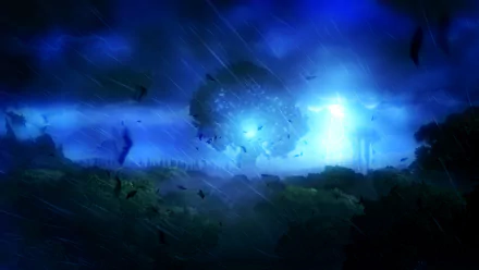 A stunning HD wallpaper from the video game Ori and the Blind Forest, showcasing a mystical blue landscape with swirling winds and a glowing tree in a dramatic sky.