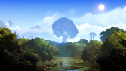 A vibrant HD wallpaper from Ori and the Blind Forest, depicting a serene landscape with lush greenery, a tranquil body of water, and a majestic tree under a bright blue sky.
