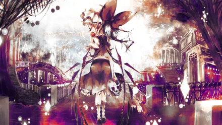 HD anime wallpaper of Flandre Scarlet from Touhou, featuring a detailed, atmospheric background blending urban and fantasy elements.