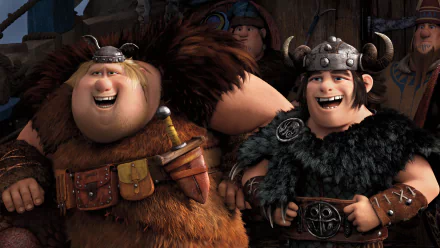 HD PC desktop wallpaper featuring Fishlegs and Snotlout from the movie How to Train Your Dragon 2, showcasing their Viking outfits and cheerful expressions.