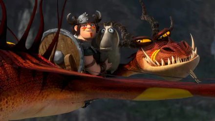 Snotlout from How to Train Your Dragon 2 rides a dragon with a nervous sheep tucked between them — movie scene rendered as a 2K Quad HD PC desktop wallpaper/background.