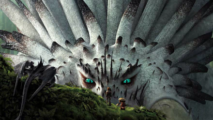 A majestic dragon faces Hiccup and Valka in an HD wallpaper from *How to Train Your Dragon 2*, showcasing the characters' bond with their dragon companions.