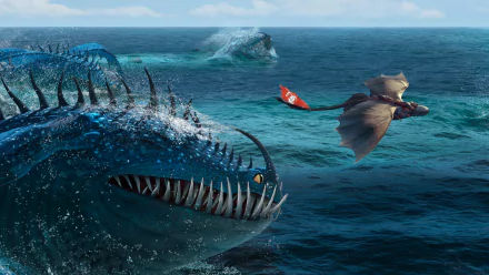 A dynamic HD wallpaper featuring Hiccup and Toothless from How to Train Your Dragon 2, showcasing a breathtaking ocean scene with a dragon and a menacing sea creature.