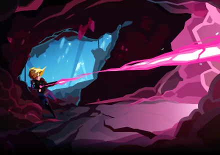 HD PC desktop wallpaper featuring a scene from the video game Velocity 2X, showing a character firing a bright pink energy beam inside a dark cave.