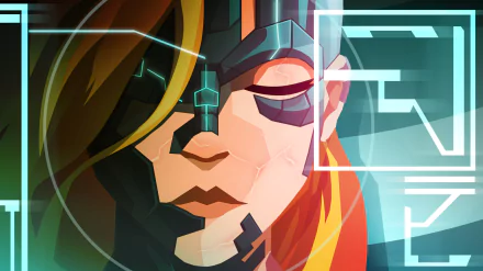 HD PC desktop wallpaper for the video game Velocity 2X: stylized close-up of a cybernetic pilot with neon visor, glowing circuitry and angular HUD elements.