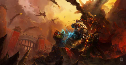 Thrall from World of Warcraft stands in an epic battle scene, surrounded by chaos and dragons, showcasing a dynamic and vibrant HD artwork for fans of the game.