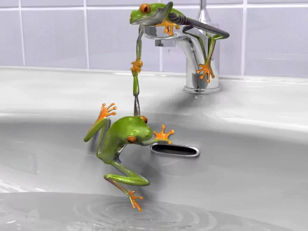A vibrant green frog hangs from a faucet in a sink, adding a playful touch to this high-definition desktop wallpaper. Its detailed features create an engaging animal-themed background.