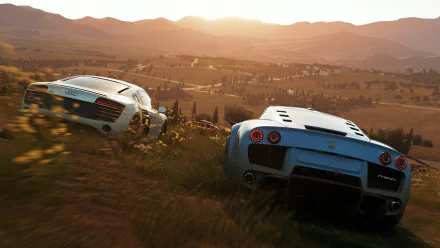 HD PC desktop wallpaper featuring two sports cars racing through a sunlit countryside, a dynamic scene from the video game Forza Horizon 2.
