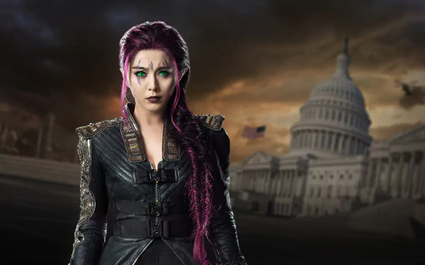A stunning HD wallpaper featuring Fan Bingbing as Blink from Marvel's X-Men: Days of Future Past, set against the iconic backdrop of the White House.