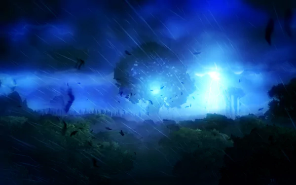 A stunning HD wallpaper from the video game Ori and the Blind Forest, showcasing a mystical blue landscape with swirling winds and a glowing tree in a dramatic sky.