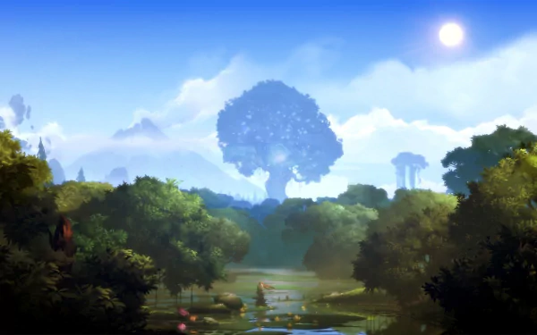 A vibrant HD wallpaper from Ori and the Blind Forest, depicting a serene landscape with lush greenery, a tranquil body of water, and a majestic tree under a bright blue sky.