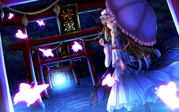Anime HD PC desktop wallpaper of Yukari Yakumo (Touhou) standing with parasol among glowing butterfly spirits along a torii-lined starry path.