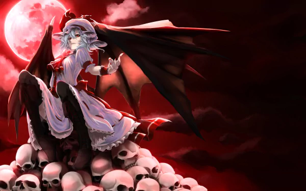 HD anime desktop wallpaper featuring Remilia Scarlet from Touhou, depicted with bat wings and a gothic dress, sitting atop a pile of skulls under a red moonlit sky.