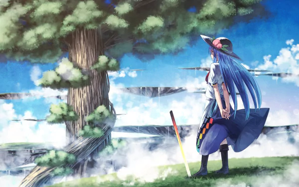 HD PC desktop wallpaper featuring Tenshi Hinanawi from the anime Touhou, standing by a large tree with a vibrant sky and floating islands in the background.
