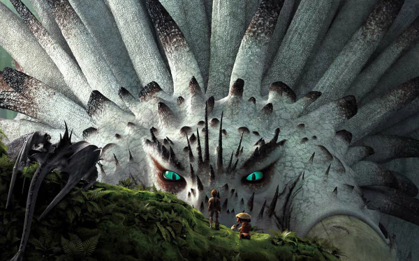 A majestic dragon faces Hiccup and Valka in an HD wallpaper from *How to Train Your Dragon 2*, showcasing the characters' bond with their dragon companions.