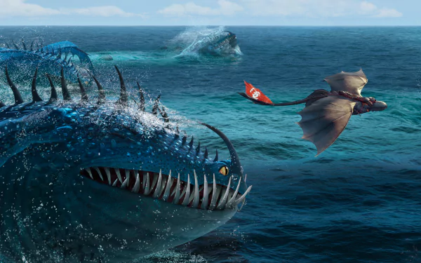 A dynamic HD wallpaper featuring Hiccup and Toothless from How to Train Your Dragon 2, showcasing a breathtaking ocean scene with a dragon and a menacing sea creature.