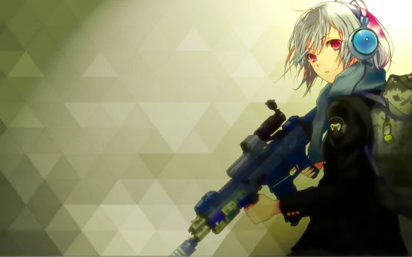 Anime character with gray hair and headphones, holding a blue gun, on a geometric-patterned yellow background. Perfect for HD desktop or wallpaper use.
