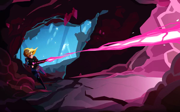 HD PC desktop wallpaper featuring a scene from the video game Velocity 2X, showing a character firing a bright pink energy beam inside a dark cave.