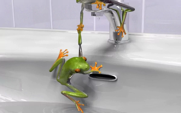 A vibrant green frog hangs from a faucet in a sink, adding a playful touch to this high-definition desktop wallpaper. Its detailed features create an engaging animal-themed background.