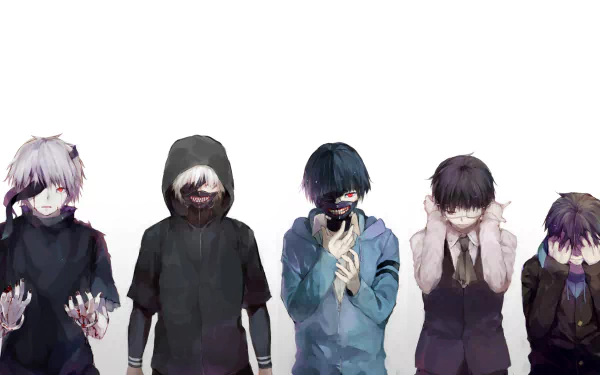 HD desktop wallpaper featuring Ken Kaneki and other characters from Tokyo Ghoul, posing with dramatic gestures on a white background.