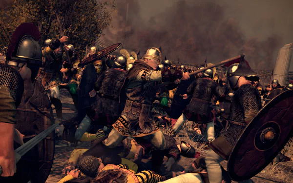 HD PC desktop wallpaper featuring intense medieval combat from the video game Total War: Attila, showcasing armored warriors engaged in battle amid a smoky, chaotic scene.