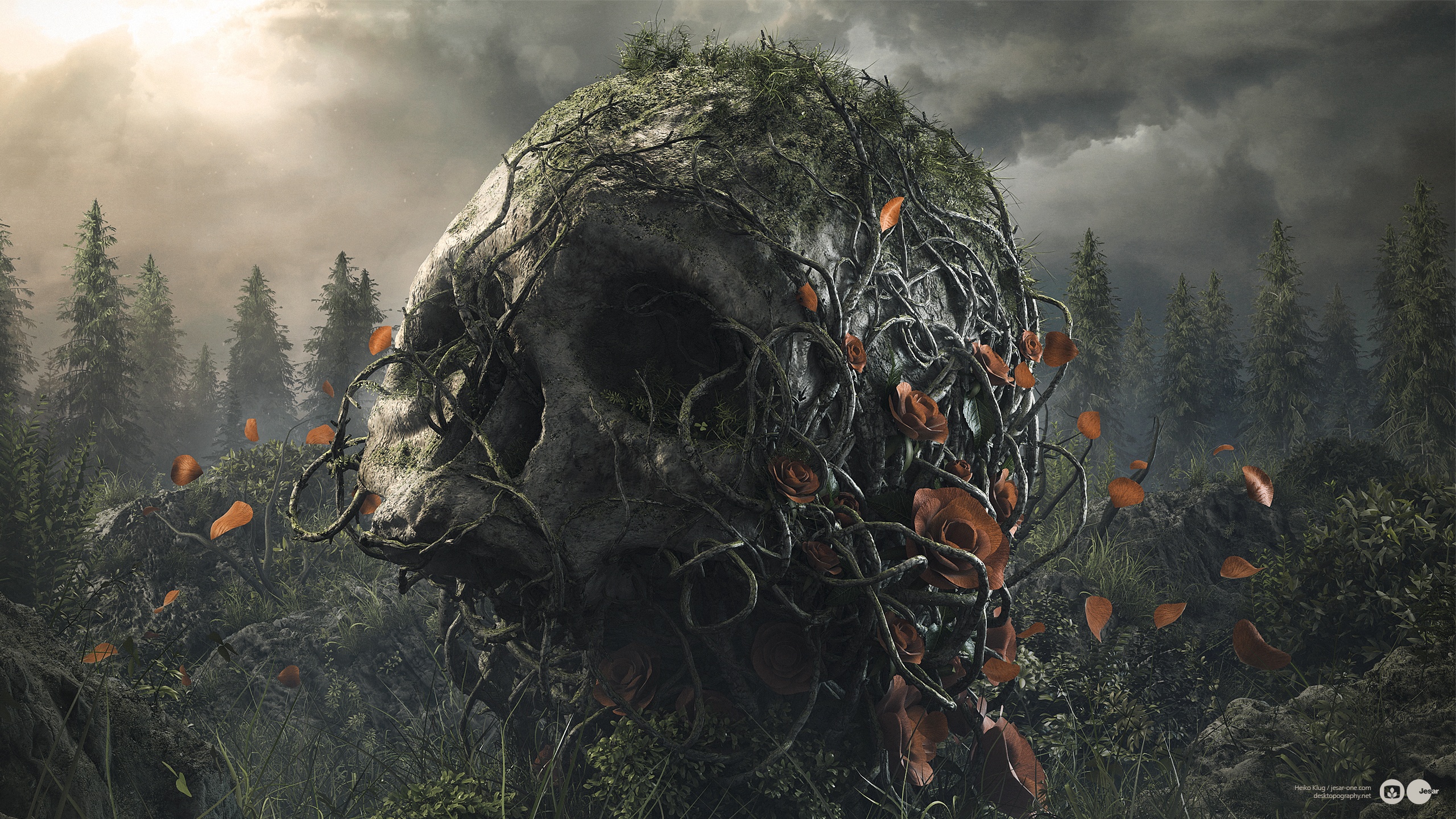 Artistic HD desktop wallpaper featuring a dark, moss-covered skull surrounded by a misty forest with drifting orange leaves, from Desktopography.