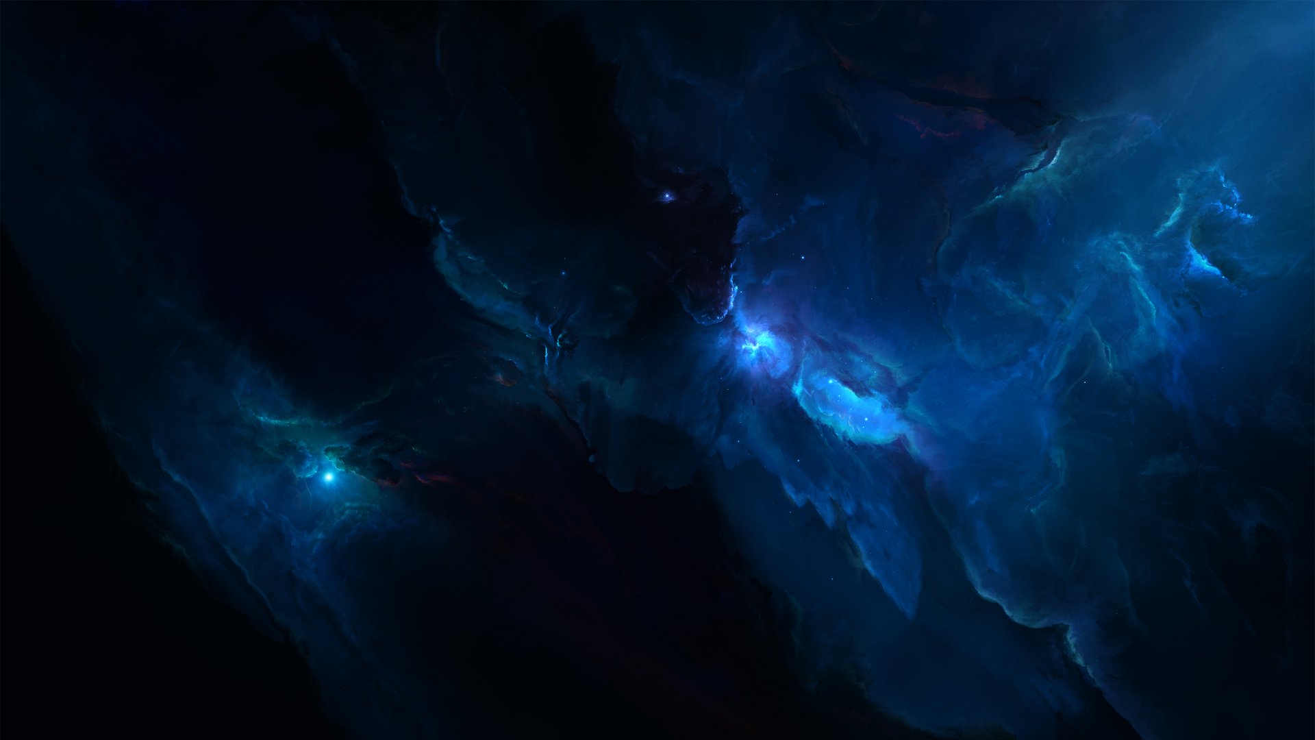 A 4K Ultra HD sci-fi desktop wallpaper showcasing a deep blue nebula with glowing cosmic clouds and stars.