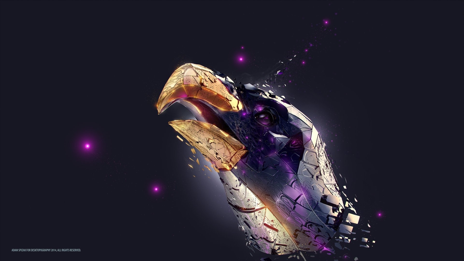 HD fantasy wallpaper depicting a mystical eagle's head breaking apart with glowing purple accents against a dark background.