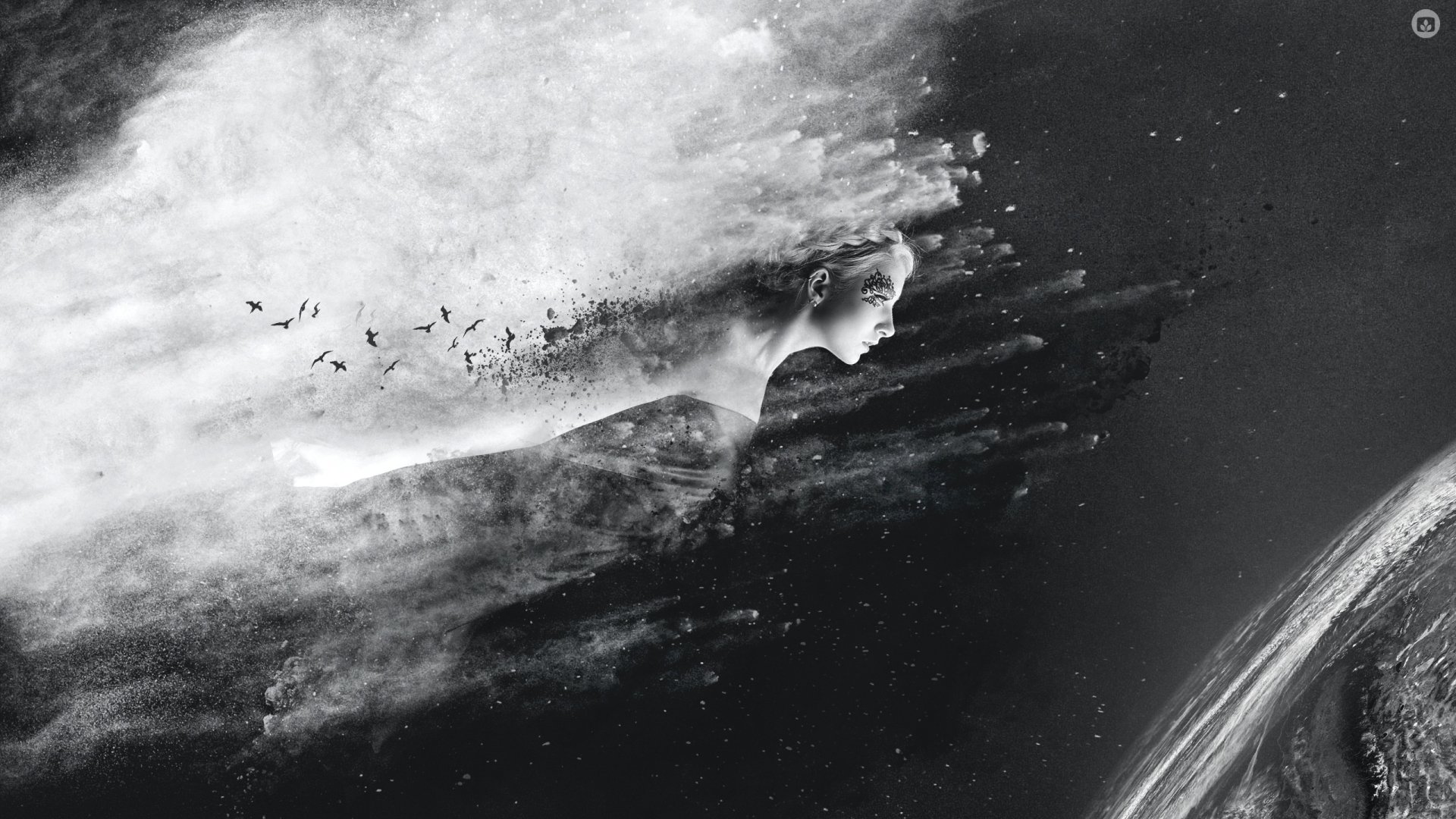 Black and white fantasy artwork of a woman dissolving into clouds and birds, set against a cosmic background, designed as an HD PC desktop wallpaper.