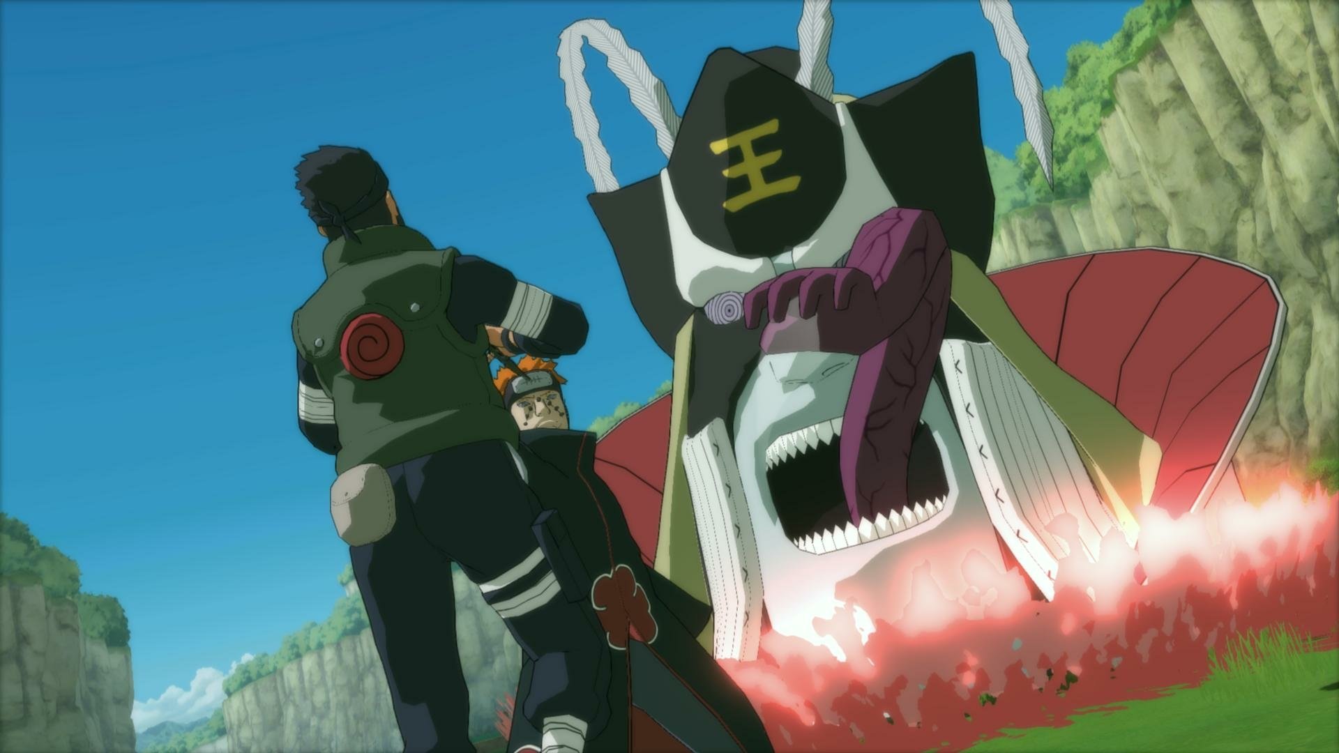 A dynamic scene from Naruto Shippuden: Ultimate Ninja Storm Revolution featuring Pain unleashing an attack on Naruto, set against a vibrant, animated backdrop. HD desktop wallpaper.