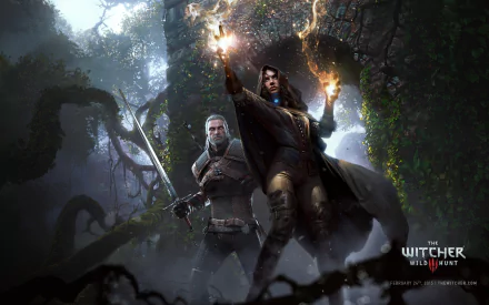 HD desktop wallpaper featuring Geralt of Rivia and Yennefer of Vengerberg in an action pose from The Witcher 3: Wild Hunt video game.