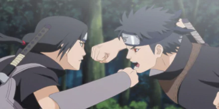 An intense face-off between Shisui and Itachi Uchiha from Naruto in a scene inspired by the video game Naruto Shippuden: Ultimate Ninja Storm Revolution. HD desktop wallpaper.