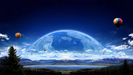HD sci-fi desktop wallpaper showing a vivid planet rising over snowy mountains, with colorful hot air balloons floating in a clear blue sky.