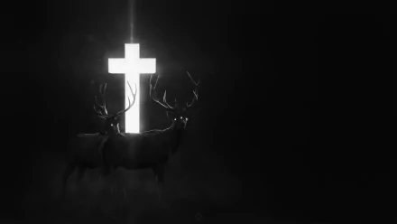 A dark fantasy HD desktop wallpaper featuring two deer silhouetted against a glowing cross in a shadowy, mysterious atmosphere.
