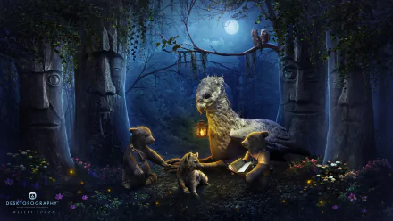 Artistic nighttime forest scene with a griffin holding a lantern surrounded by three bear cubs under a bright moon, framed by ancient stone faces.