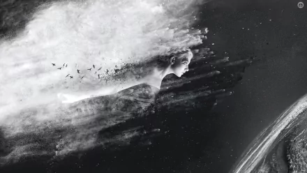 Black and white fantasy artwork of a woman dissolving into clouds and birds, set against a cosmic background, designed as an HD PC desktop wallpaper.