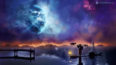 A fisherman stands by a serene lake under a vivid night sky, with a large planet and a colorful galaxy above, creating a captivating fantasy scene for a stunning desktop wallpaper.