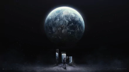 Artistic HD desktop wallpaper featuring a lone figure standing before three mirrors reflecting a luminous planet in a vast, dark space.