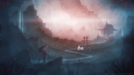 HD fantasy oriental desktop wallpaper depicting a misty landscape with traditional pagodas, a red torii gate, and a lone figure under an umbrella in a surreal, atmospheric setting.