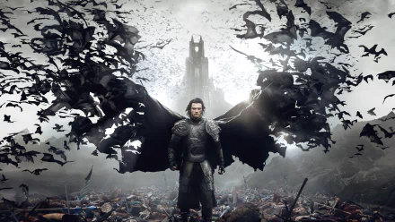 Dramatic HD wallpaper featuring a dark, vampire-themed scene with a character from the movie Dracula Untold, standing amidst bats and gothic castle ruins in the background.