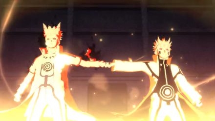 Minato Namikaze and Naruto unite in a powerful moment, surrounded by vibrant energy, from the game Naruto Shippuden: Ultimate Ninja Storm Revolution. HD wallpaper backdrop.