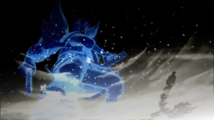 HD desktop wallpaper featuring Madara Uchiha's Susanoo from Naruto Shippuden: Ultimate Ninja Storm Revolution, showcasing a dark and intense scene with Madara and his blue spectral warrior.