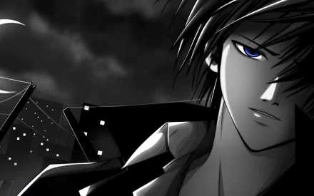 Anime Codebreaker: moody close-up of a dark-haired male with a single vivid blue eye, high-contrast black-and-white composition — 2K Quad HD PC desktop wallpaper/background.