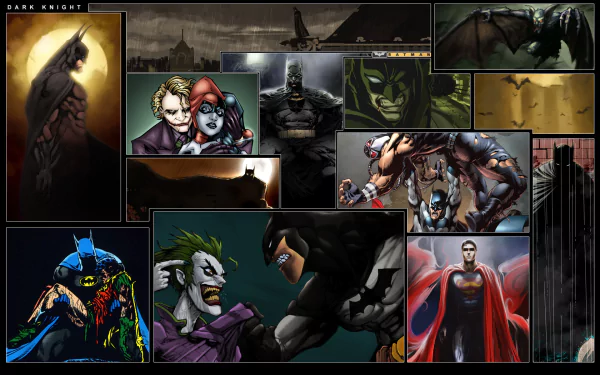 A vibrant HD collage featuring iconic DC Comics characters: Batman, Joker, Harley Quinn, Superman, Bane, and Robin in dynamic action scenes and artistic expressions.