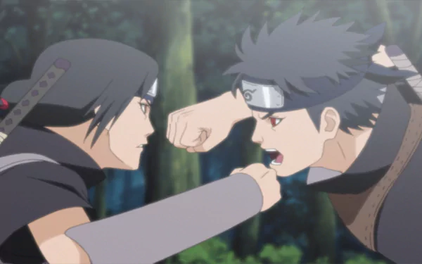 An intense face-off between Shisui and Itachi Uchiha from Naruto in a scene inspired by the video game Naruto Shippuden: Ultimate Ninja Storm Revolution. HD desktop wallpaper.